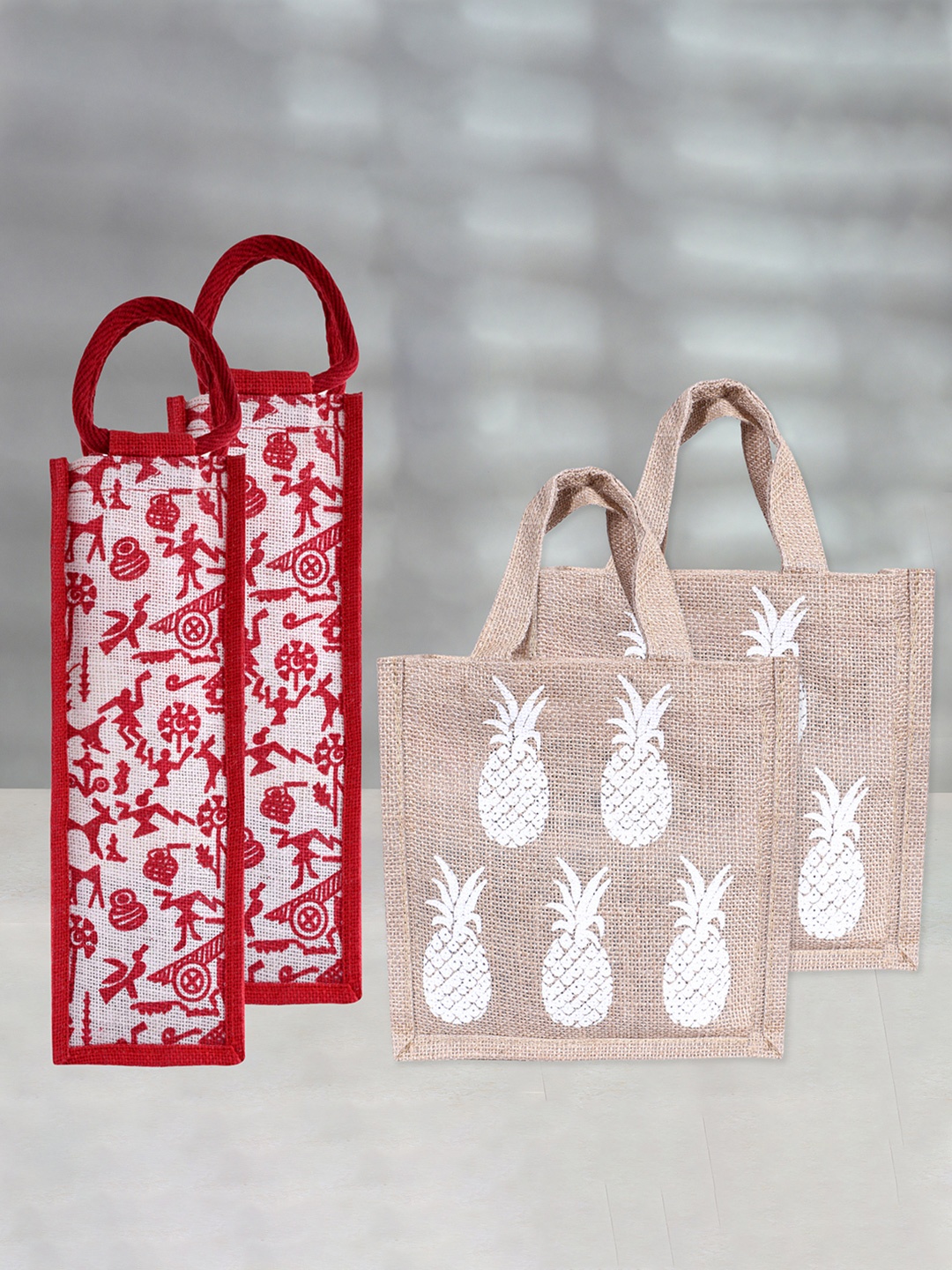

Kuber Industries Set of 4 Printed Eco Friendly Jute Lunch & Bottle bags, White