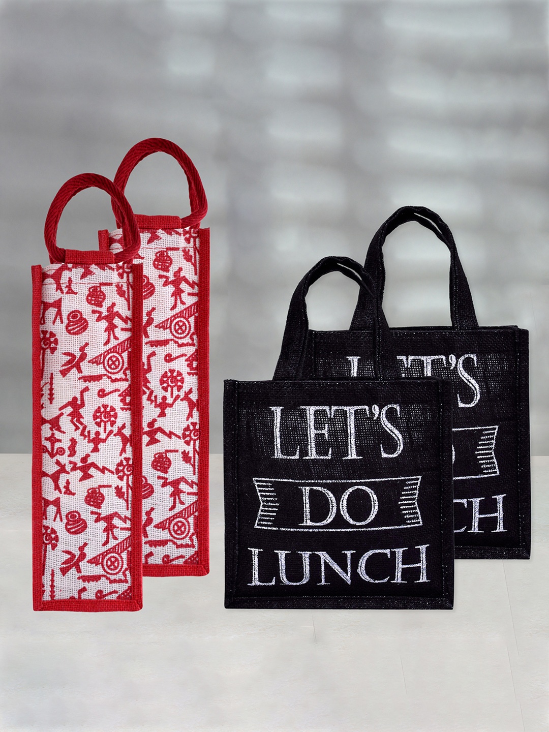 

Kuber Industries Set of 4 Printed Lunch & Bottle Bags, Black