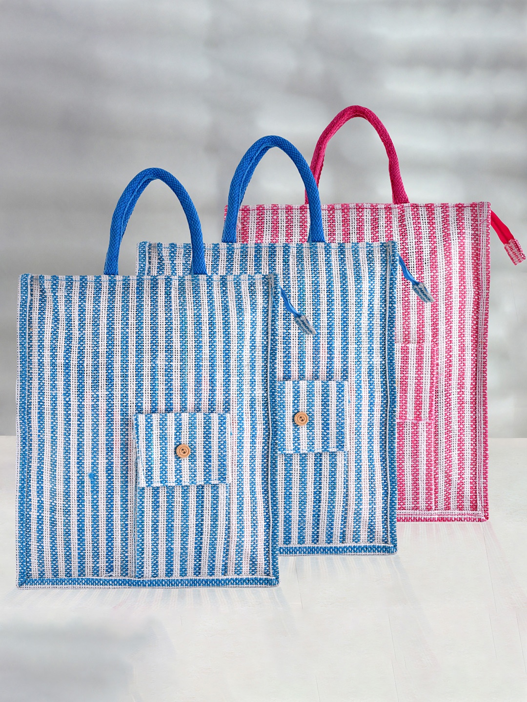 

Kuber Industries Set of 3 Striped Carry Shopping Bag, White