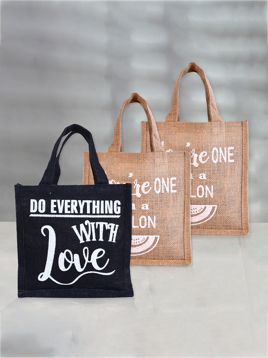 

Kuber Industries Pack Of 3 Printed Jute Lunch Bags, Black