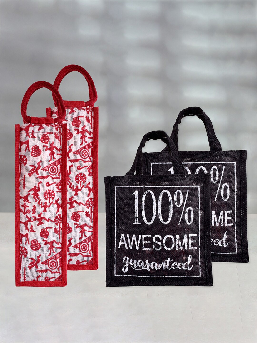 

Kuber Industries Set of 4 Printed Lunch bags & Bottle Bag Travel Accessory, Red
