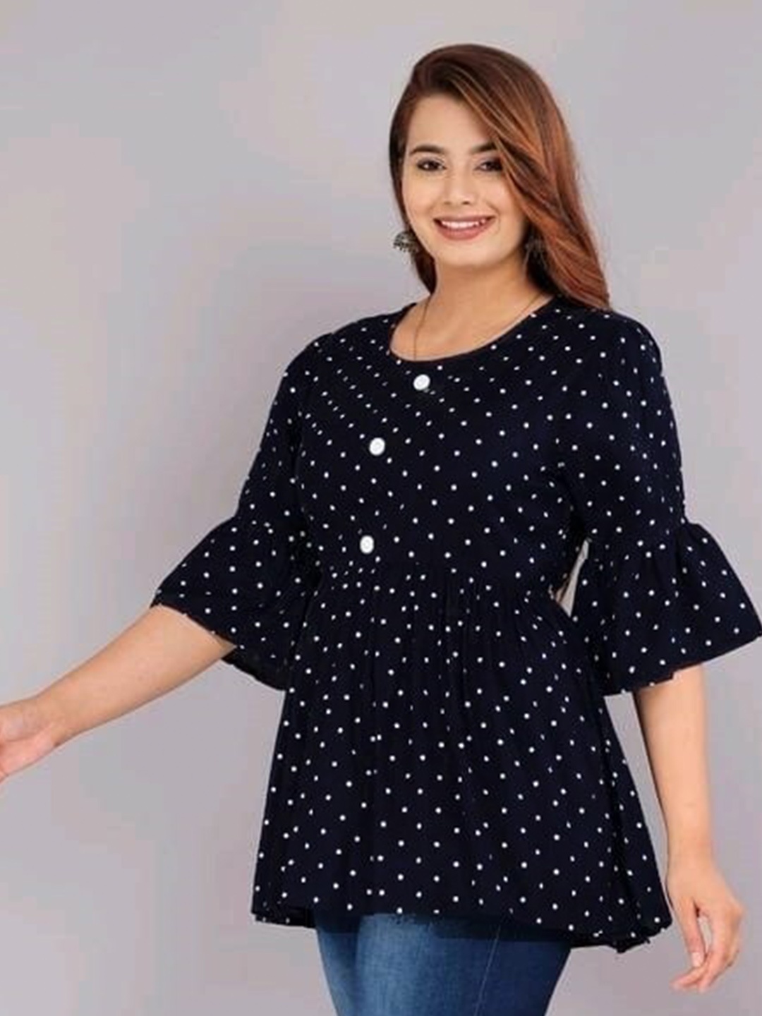 

BAESD Polka Dot Print Bell Sleeve Cotton Longline Top, Black