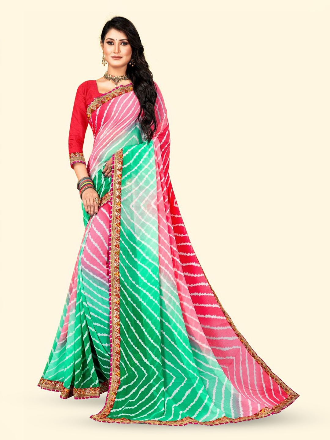 

Aruna Sarees Printed Embroidered Leheriya Saree, Green