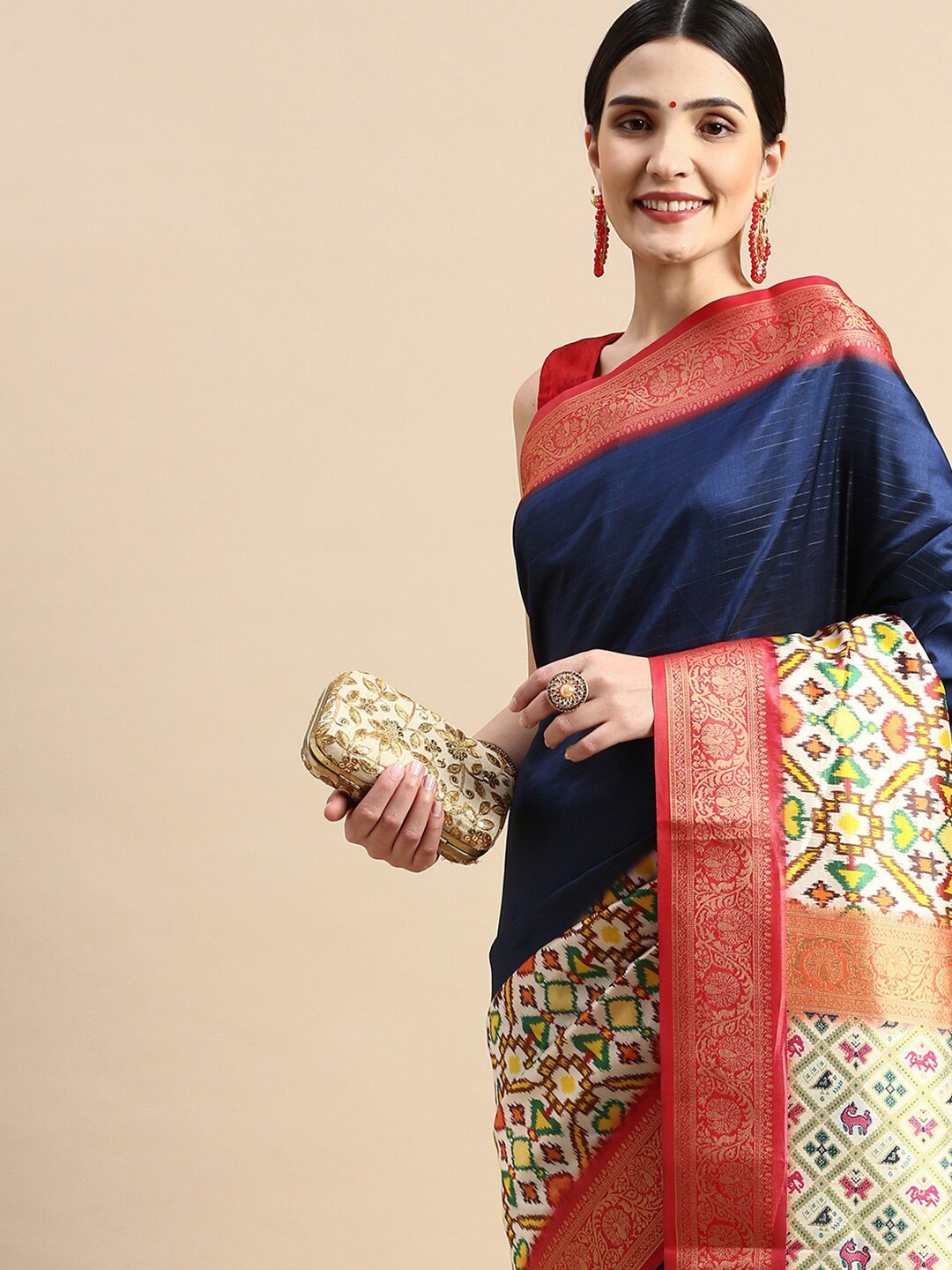 

PATLIPALLU Ethnic Motifs Woven Design Zari Ikat Saree, Navy blue