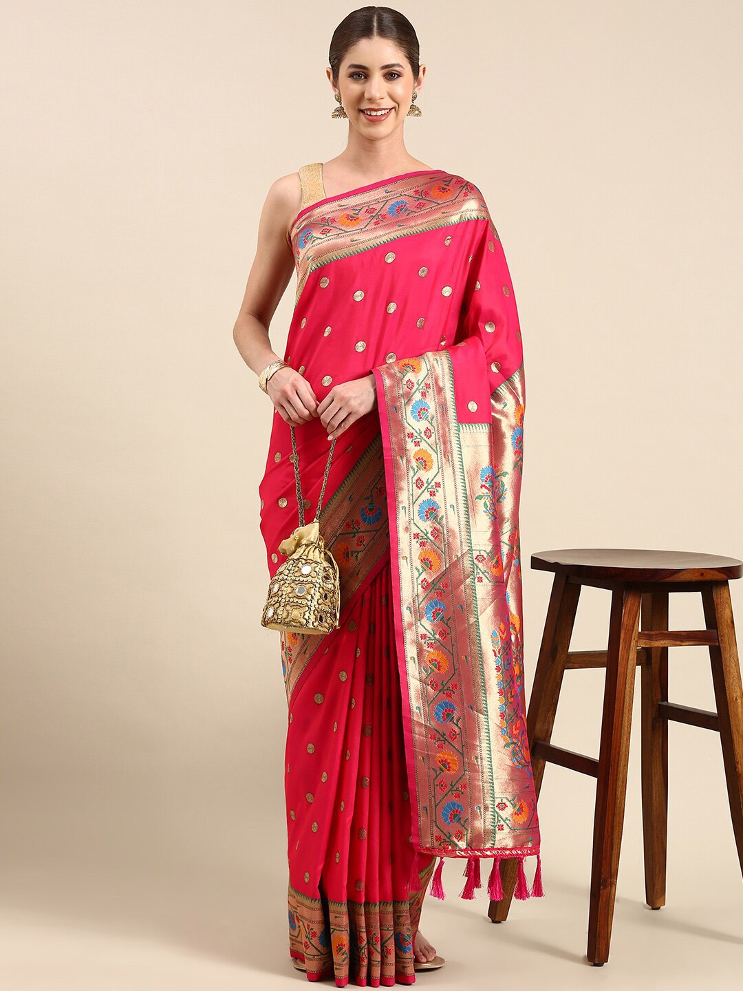 

PATLIPALLU Polka Dot Zari Art Silk Paithani Saree, Pink