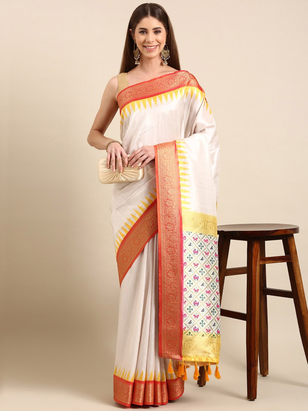 

PATLIPALLU Zari Patola Saree, Cream