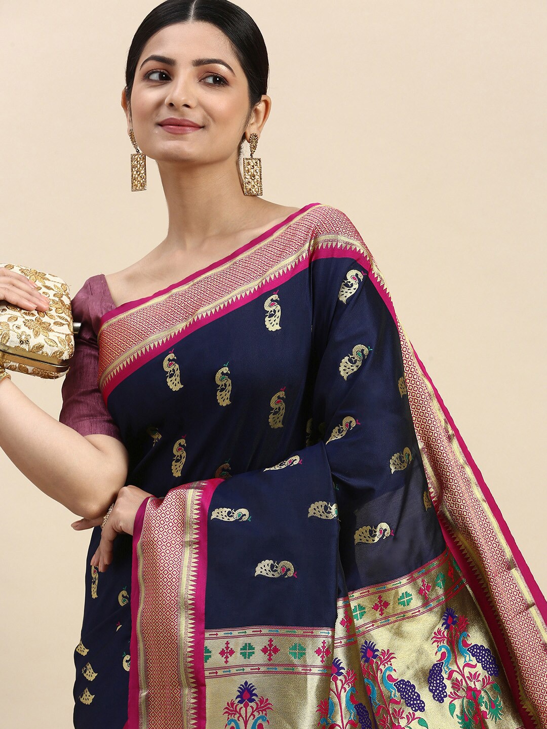 

PATLIPALLU Ethnic Motifs Woven Design Zari Art Silk Paithani Saree, Navy blue