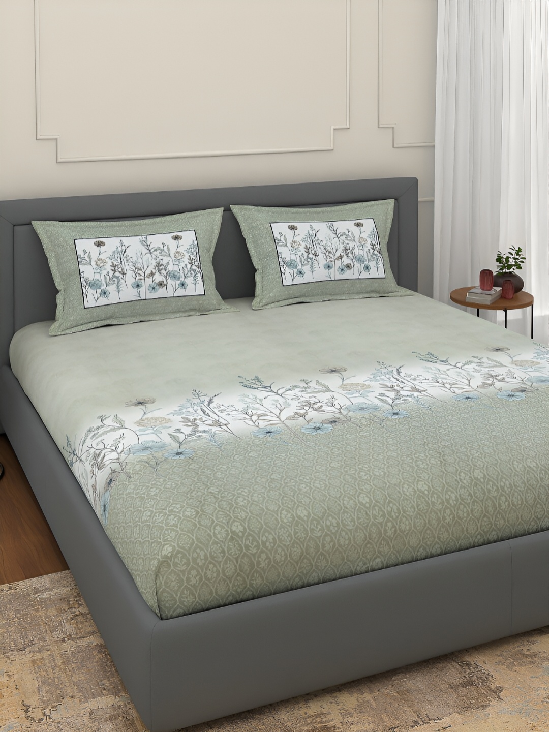 

Srijee Decors Green Floral 300 TC Cotton Fitted King Bedsheet with 2 Pillow Covers