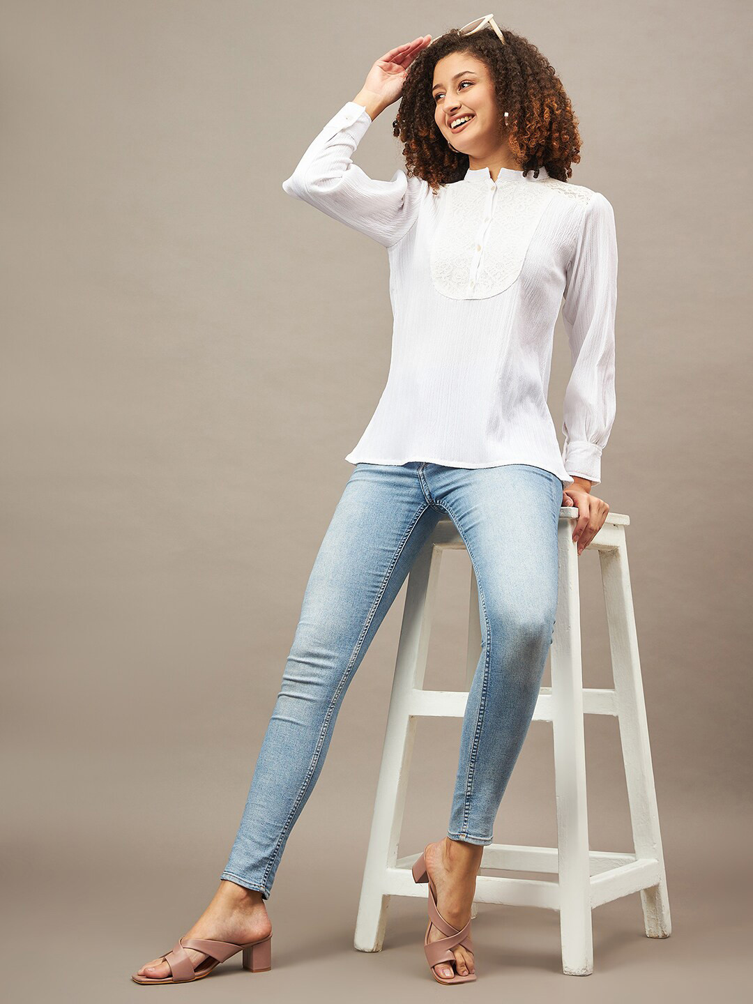 

The Roadster Lifestyle Co White Self design Lace Up Detail Cuffed Sleeves Top