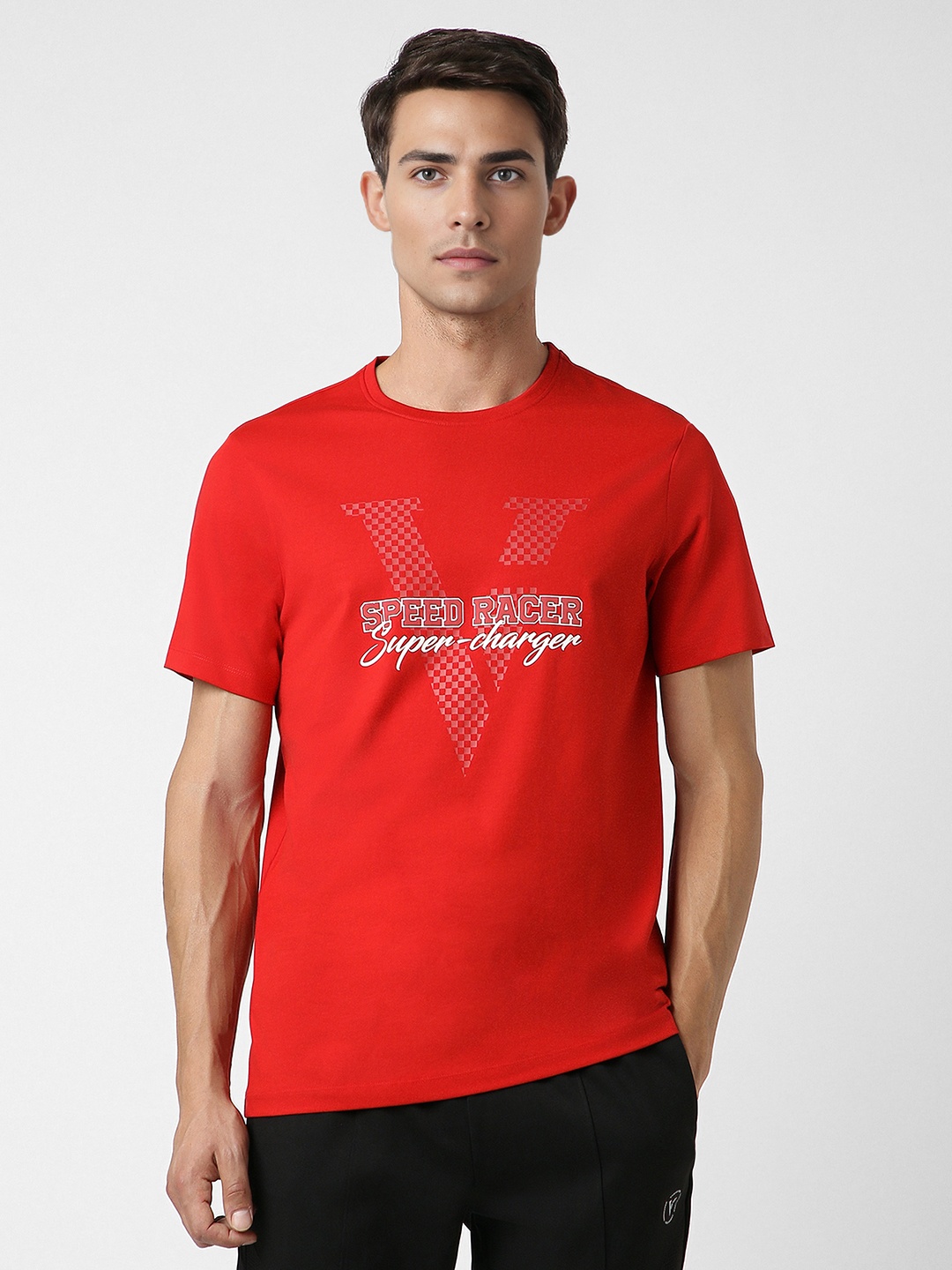 

Van Heusen Flex Typography Printed Round Neck Short Sleeves Cotton Slim Fit T-shirt, Red
