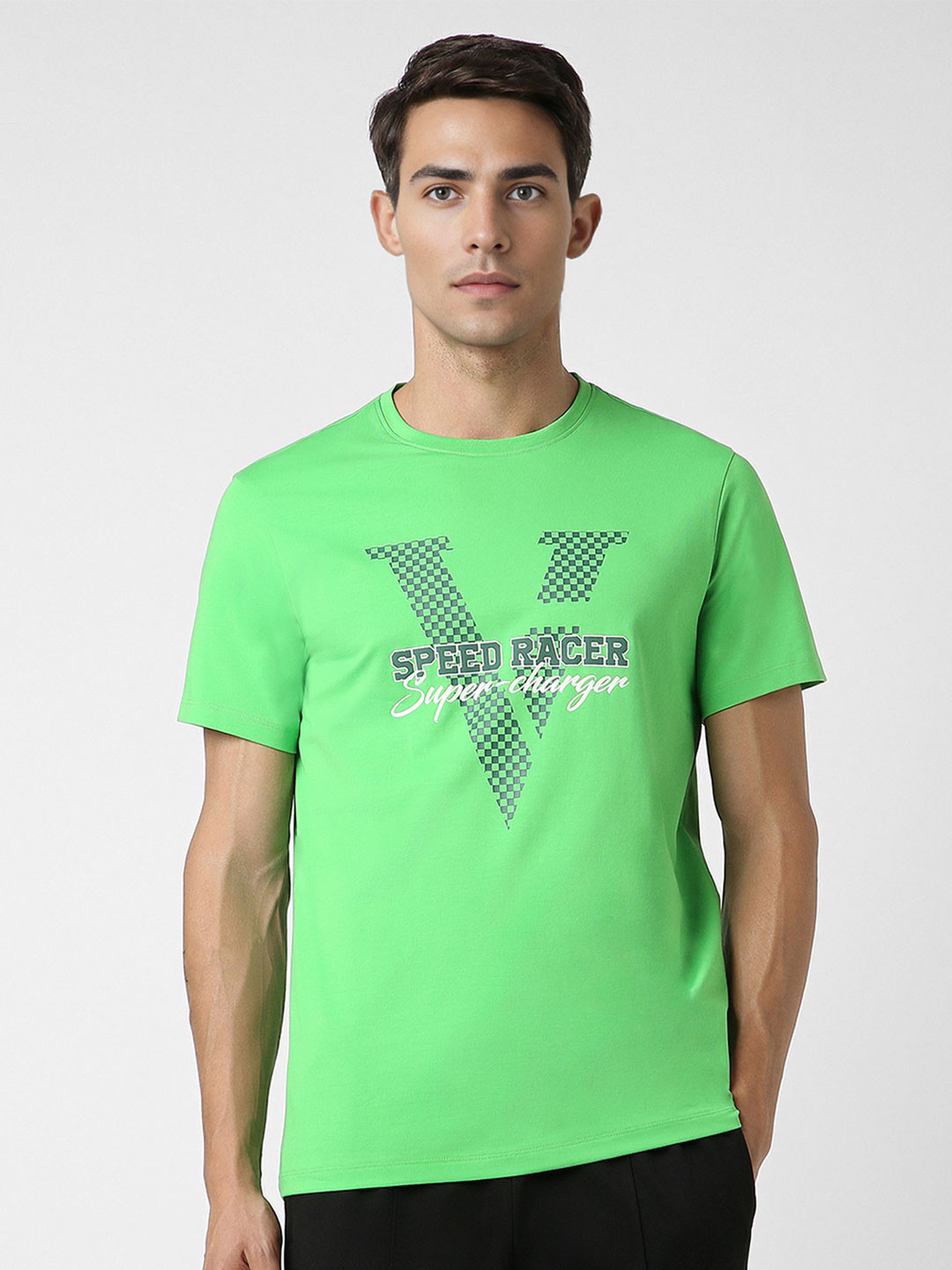 

Van Heusen Flex Typography Printed Round Neck Short Sleeves Cotton Slim Fit T-shirt, Green