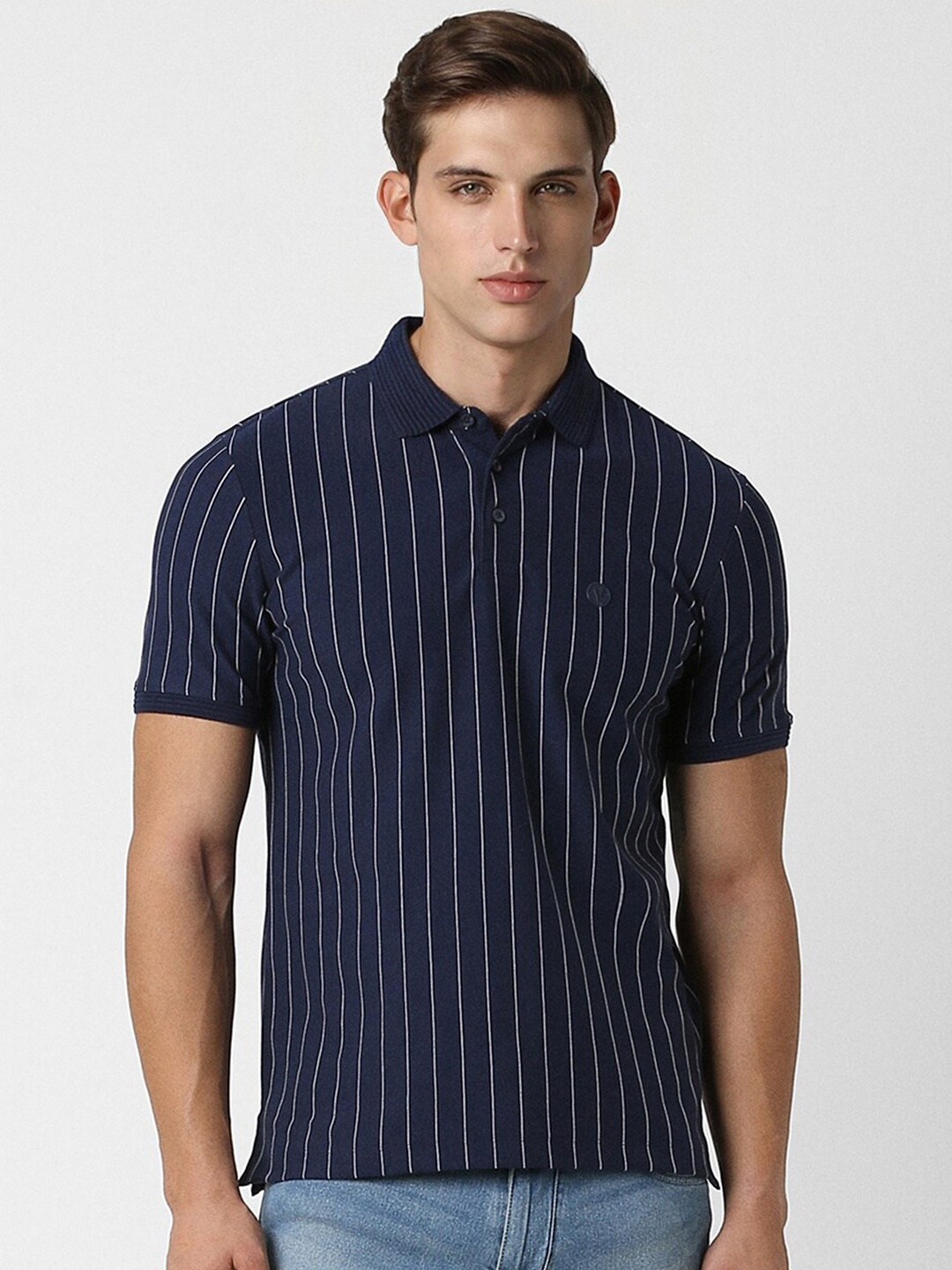 

Van Heusen Sport Striped Polo Collar Short Sleeves cotton T-shirt, Navy blue