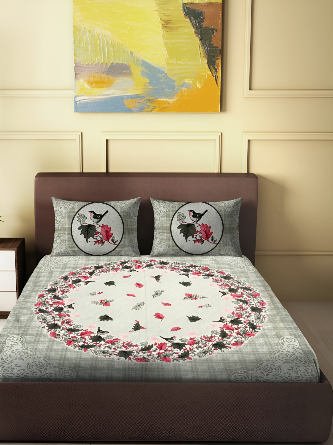 

Spangle Pink & Cream Graphic Printed 250 TC Cotton King Bedsheet With 2 Pillow Covers