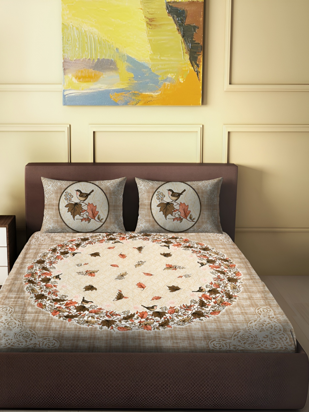 

Spangle Orange & Off White Graphic Floral 250 TC Cotton King Bedsheet With 2 Pillow Covers