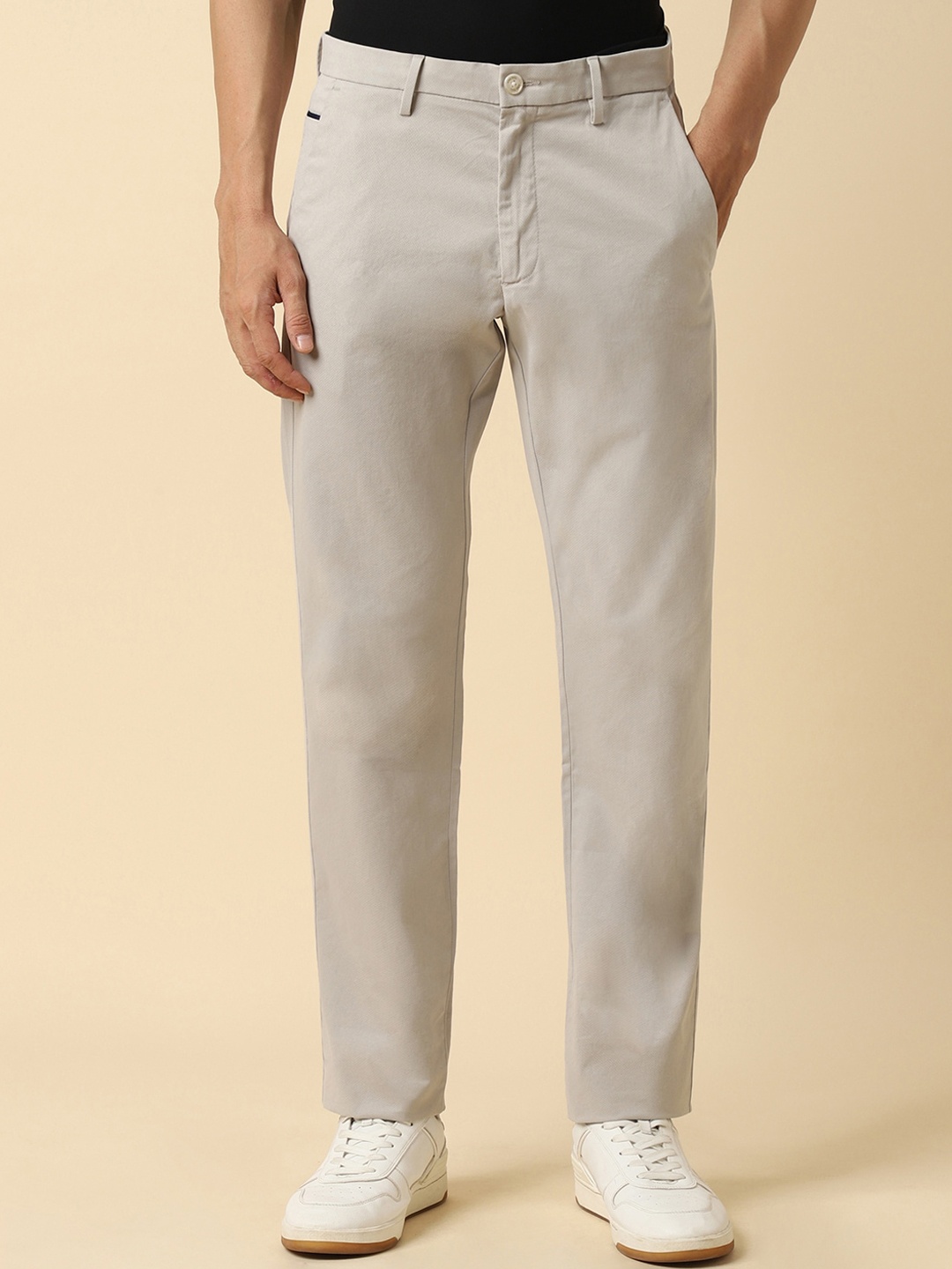 

Allen Solly Men Mid-Rise Textured Slim Fit Cotton Trousers, Beige