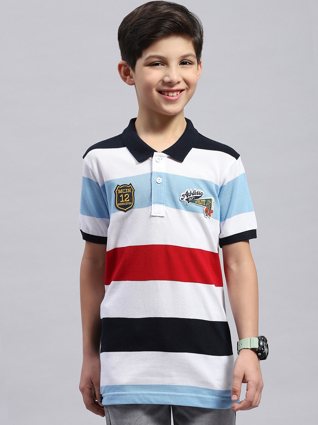 

Monte Carlo Boys Striped Polo Collar Pure Cotton T-shirt, White