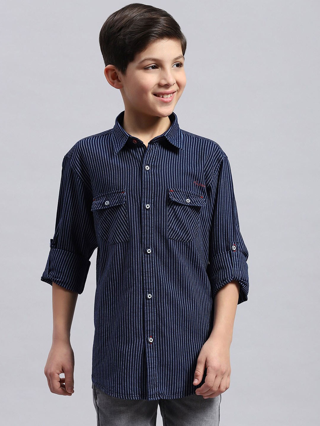 

Monte Carlo Boys Classic Striped Spread Collar Long Roll Up Sleeves Cotton Casual Shirt, Navy blue