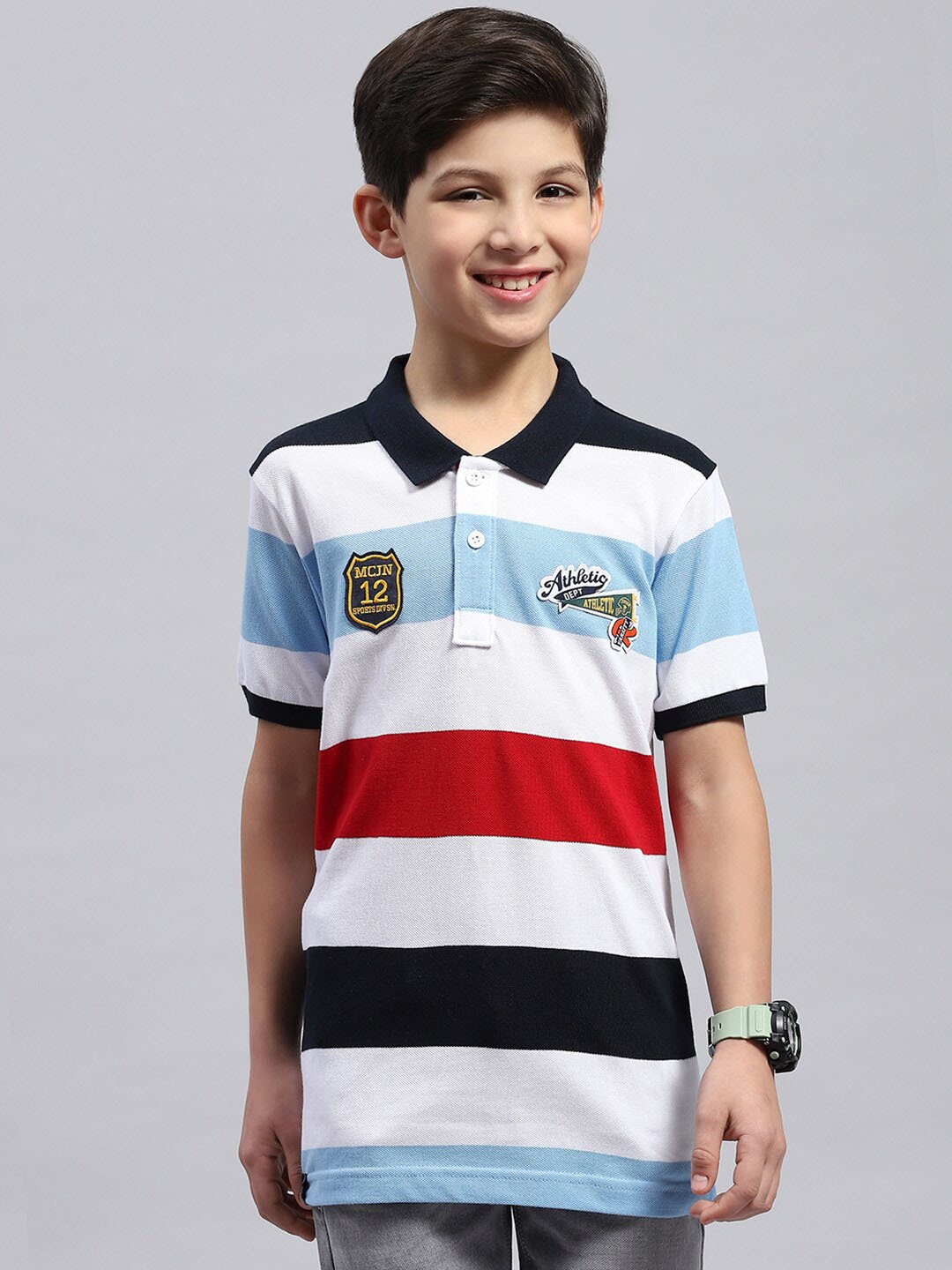 

Monte Carlo Boys Striped Polo Collar Pure Cotton T-shirt, White