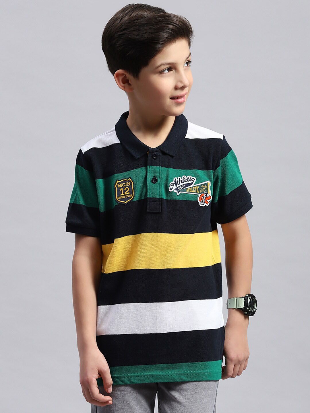 

Monte Carlo Boys Striped Polo Collar Pure Cotton T-shirt, Navy blue