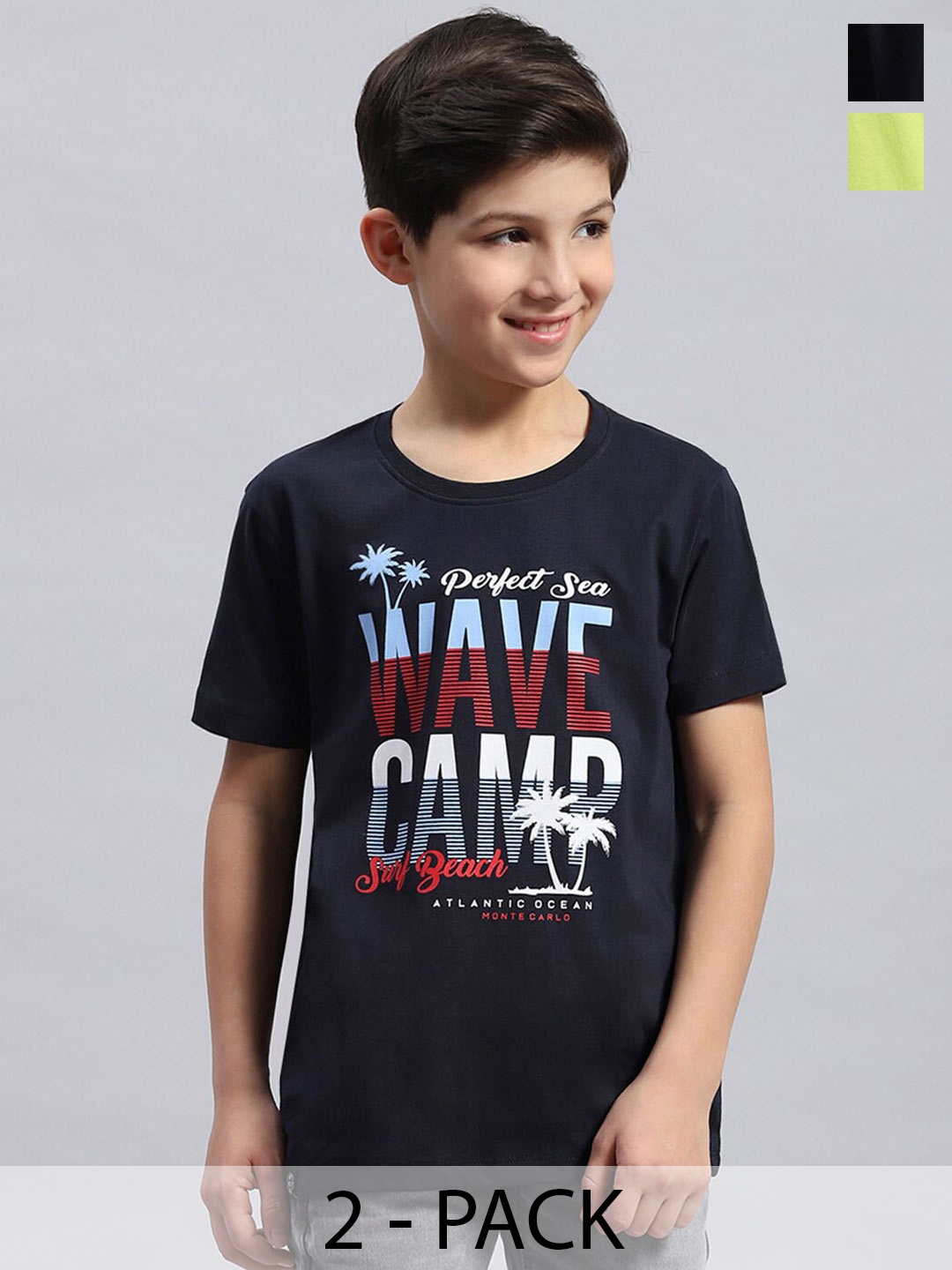 

Monte Carlo Boys Pack Of 2 Typography Printed Pure Cotton T-shirts, Navy blue