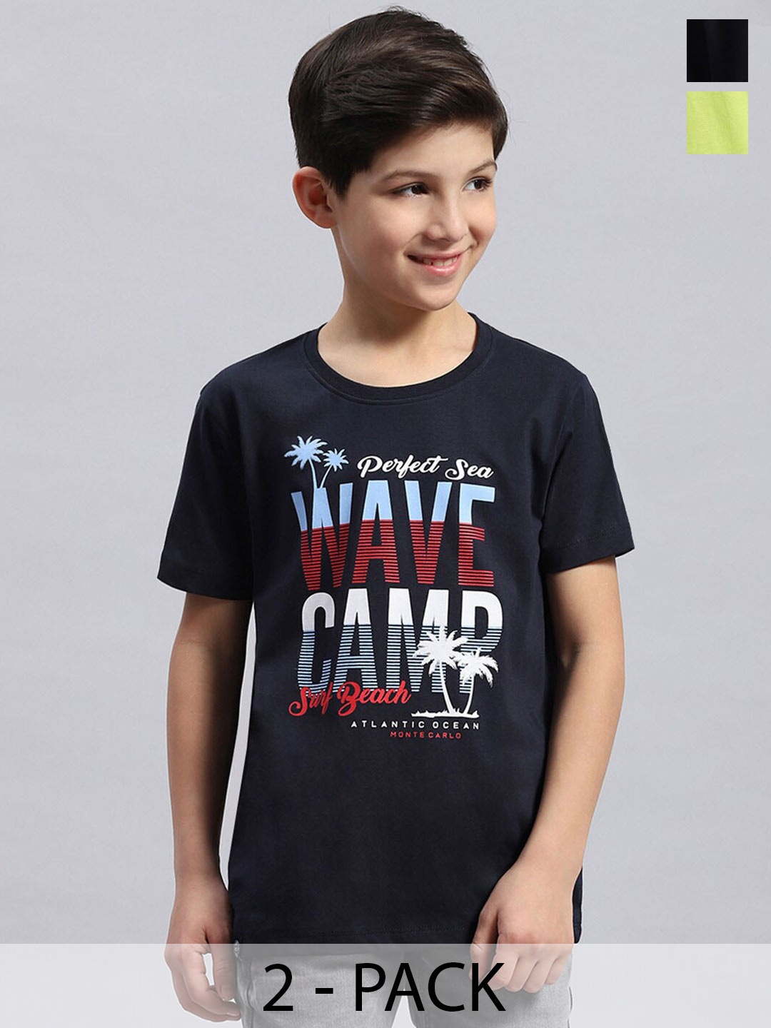 

Monte Carlo Boys Pack Of 2 Typography Printed Pure Cotton T-shirts, Navy blue