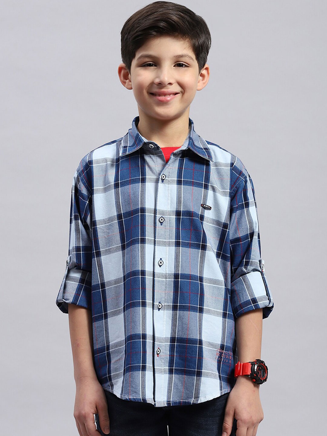 

Monte Carlo Boys Classic Tartan Checked spread Collar Long Sleeves Cotton Casual Shirt, Blue