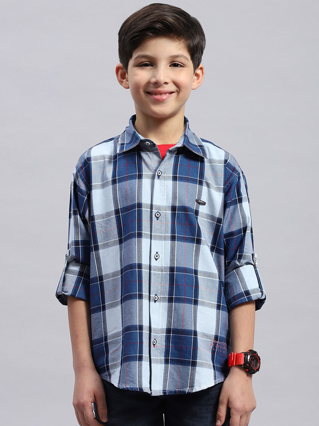 

Monte Carlo Boys Classic Tartan Checked Spread Collar Roll Up Sleeves Cotton Casual Shirt, Blue