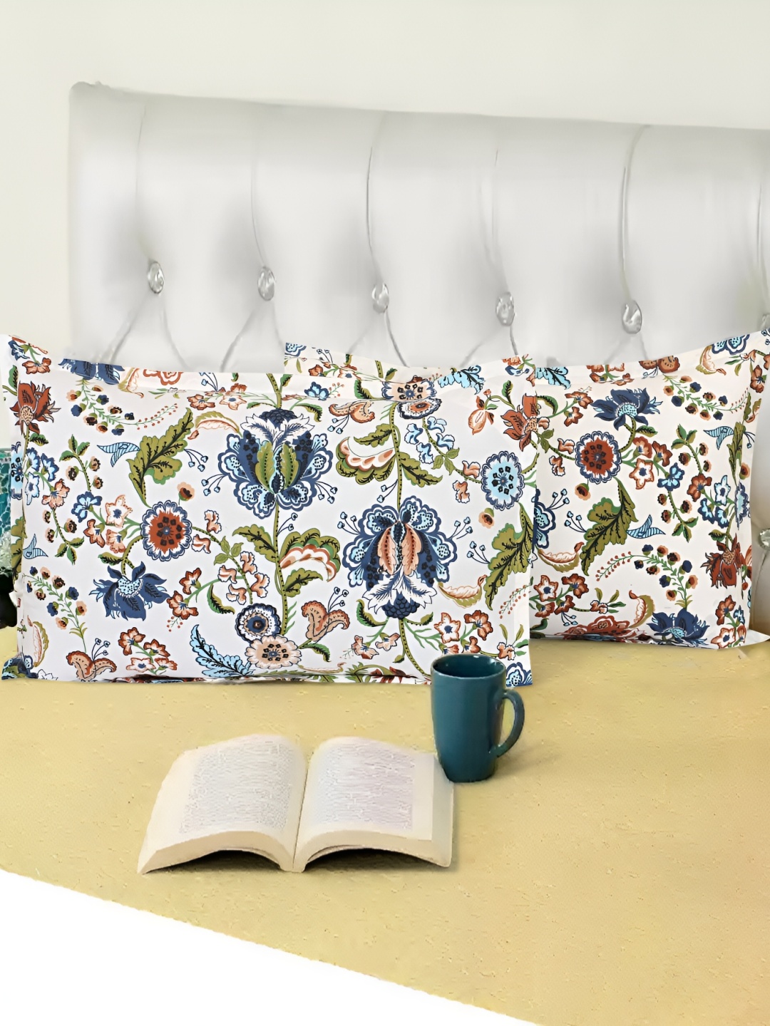 

MIYANBAZAZ White & Blue 2 Pieces Self Design Pure Cotton Rectangular Pillow Covers