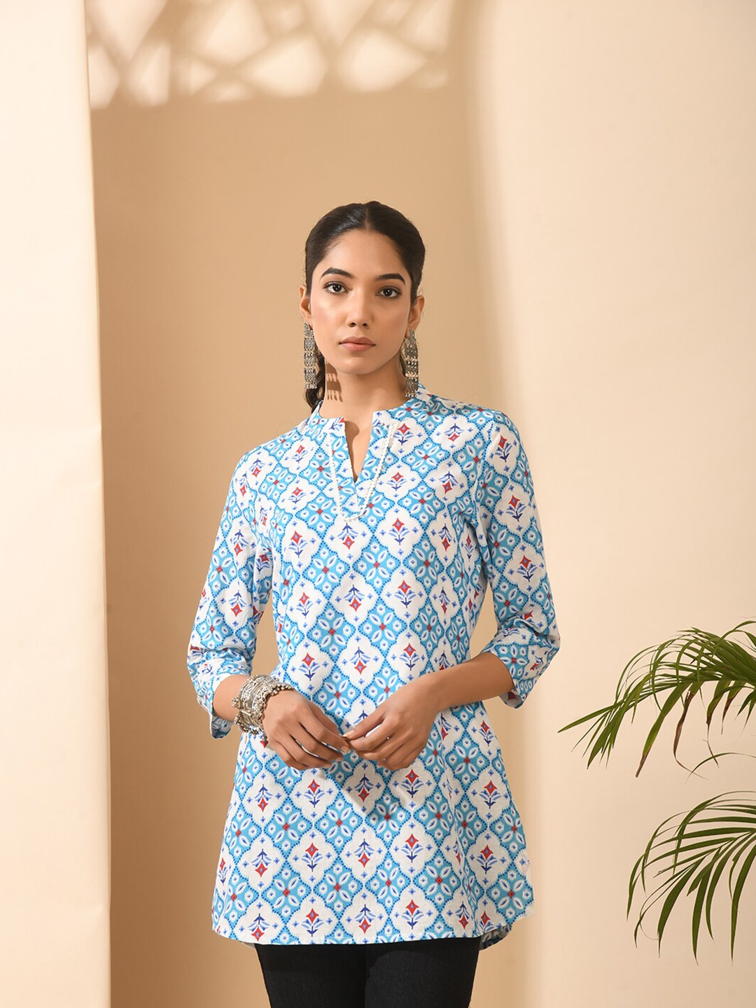 

KALINI Ethnic Motifs Printed Cotton Tunic, Blue