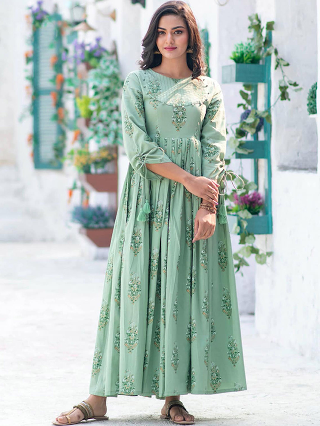 

ODETTE Ethnic Motifs Printed Boat Neck Anarkali Ethnic Dress, Green