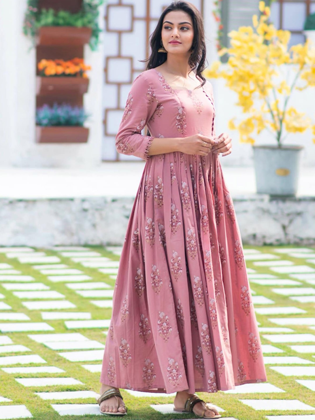

ODETTE Floral Printed Cotton Anarkali Kurta, Peach