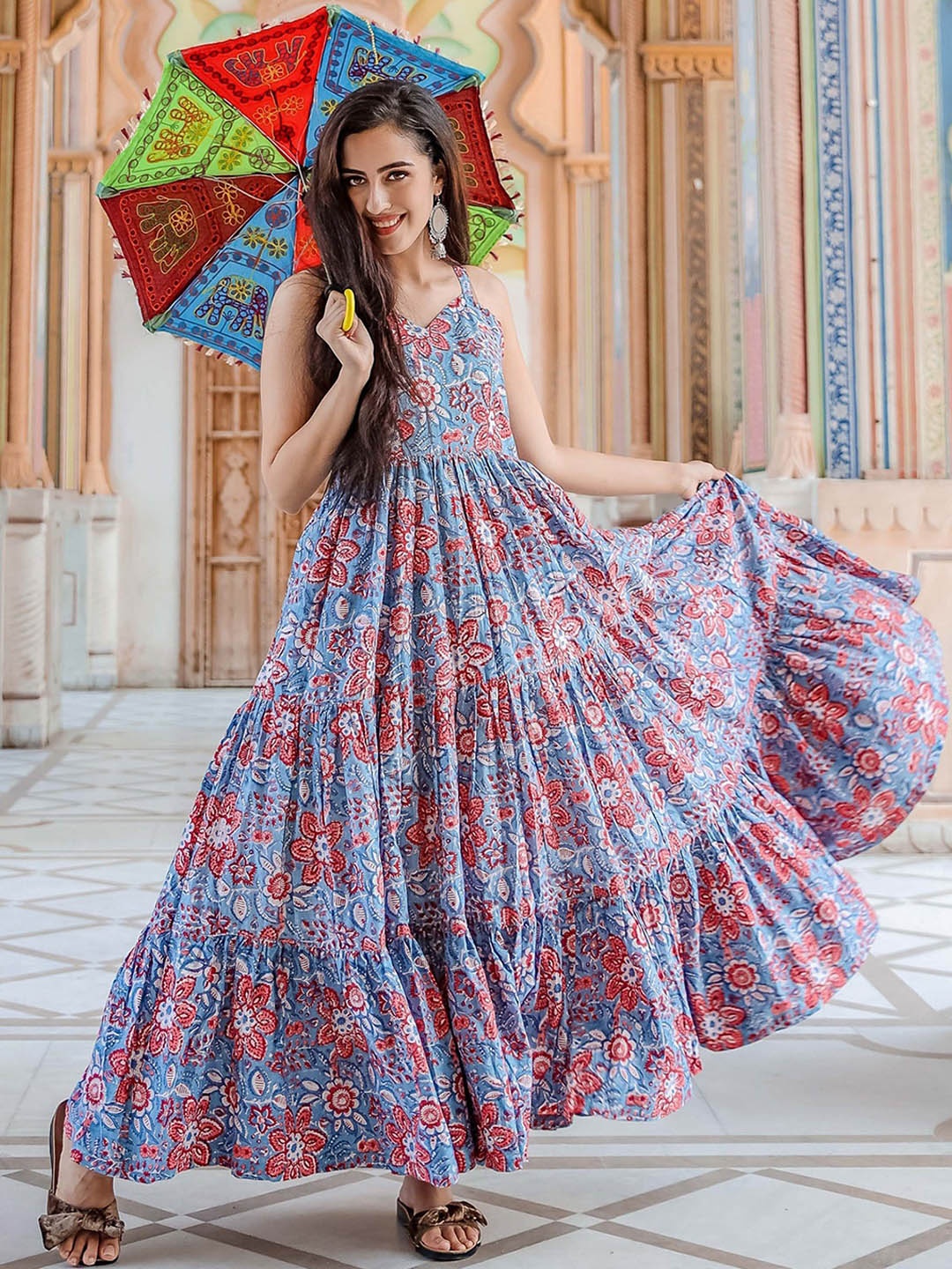 

ODETTE Floral Printed Shoulder Straps Anarkali Kurta, Blue