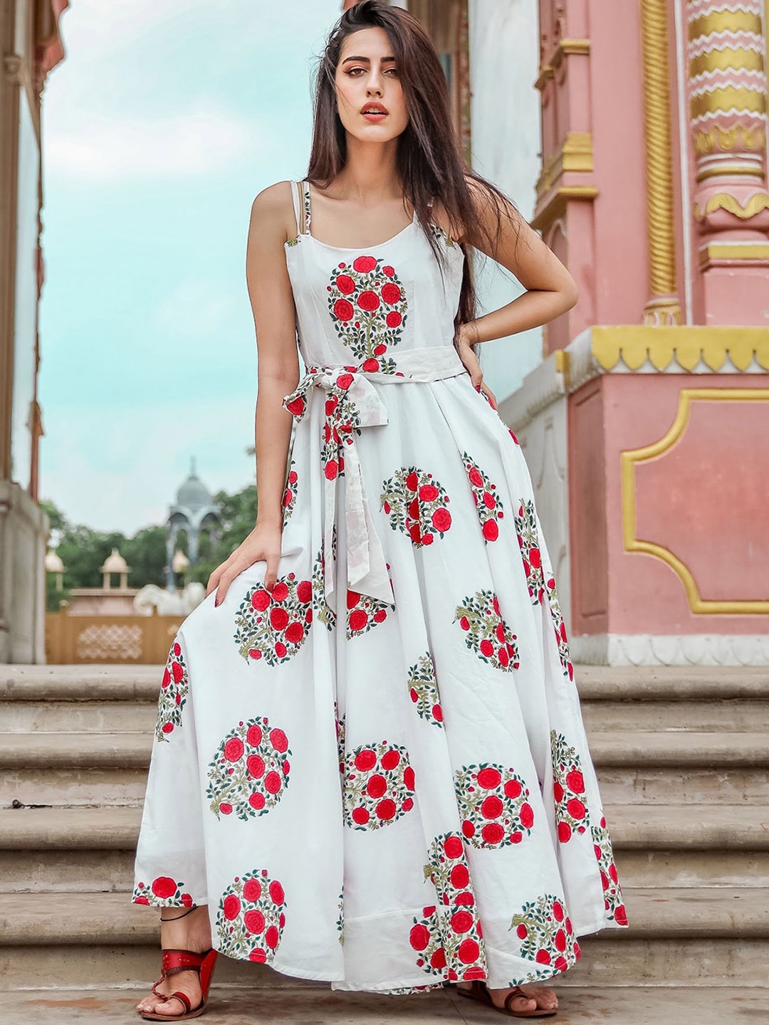 

ODETTE Floral Printed Cotton Fit and Flare Ethnic Dress, White