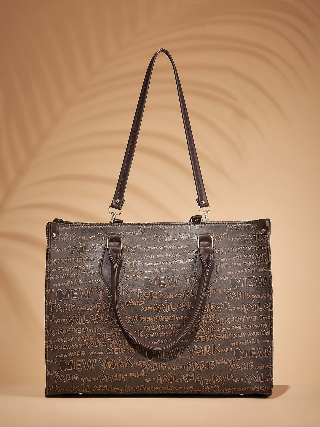 

Mast & Harbour Brown Typography Printed Oversized Structured Tote Bag