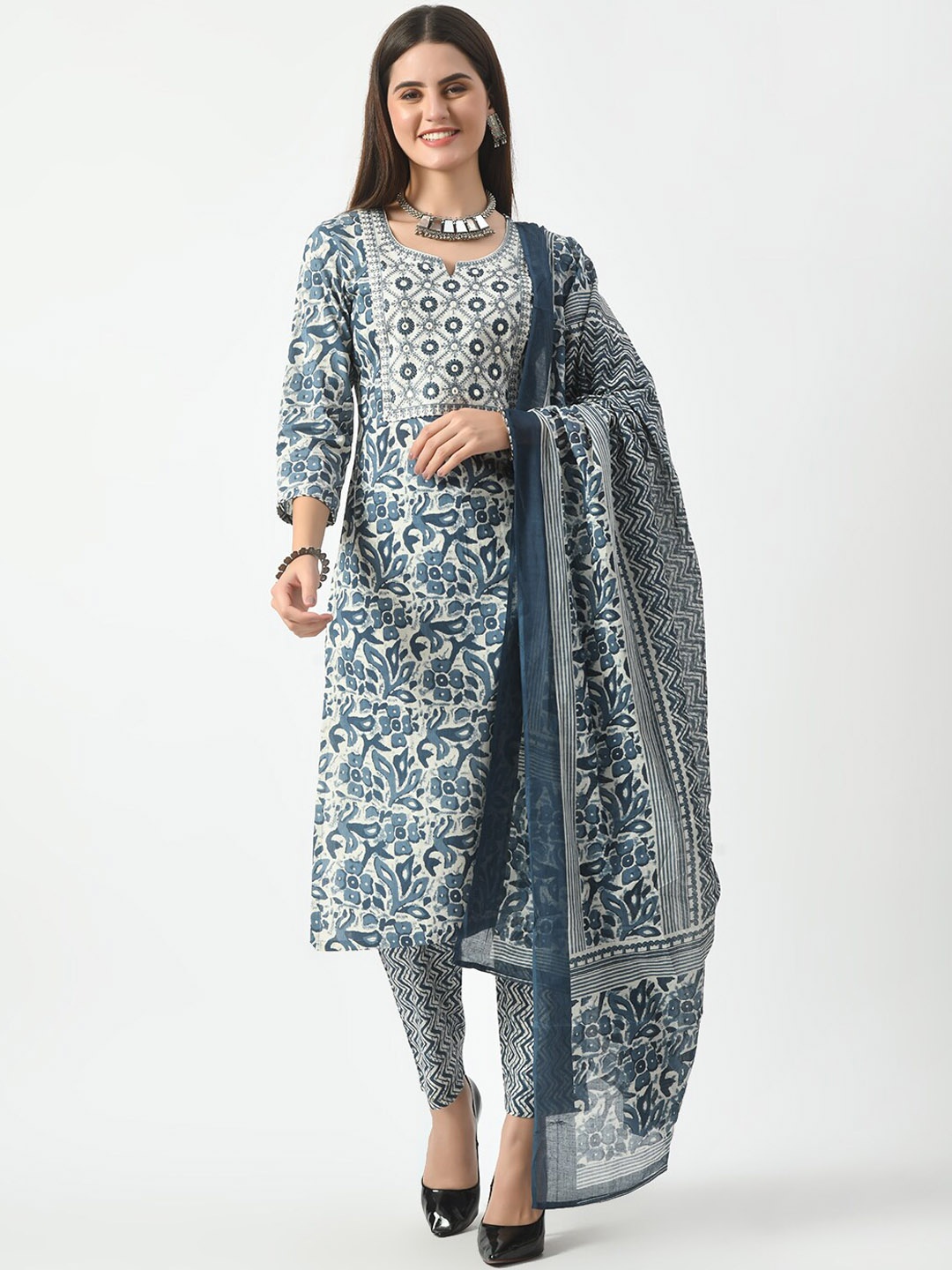 

Akshatani Floral Printed Straight Thread Work Pure Cotton Kurta with Trousers & Dupatta, Blue