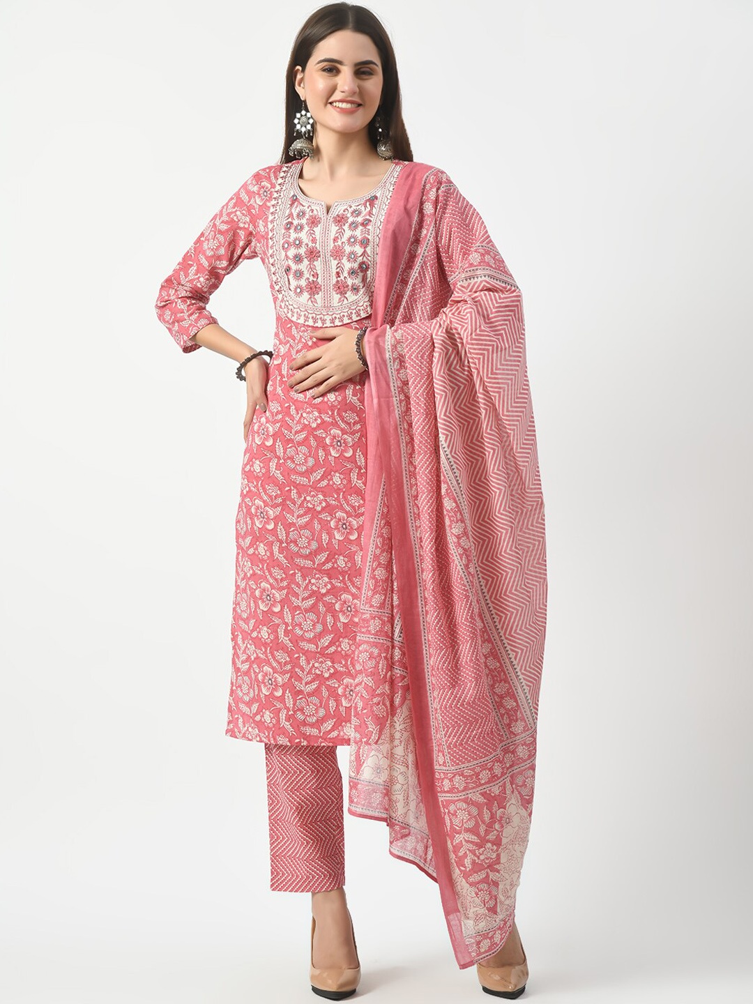

Akshatani Floral Printed Straight Mirror Work Pure Cotton Kurta with Trousers & Dupatta, Pink