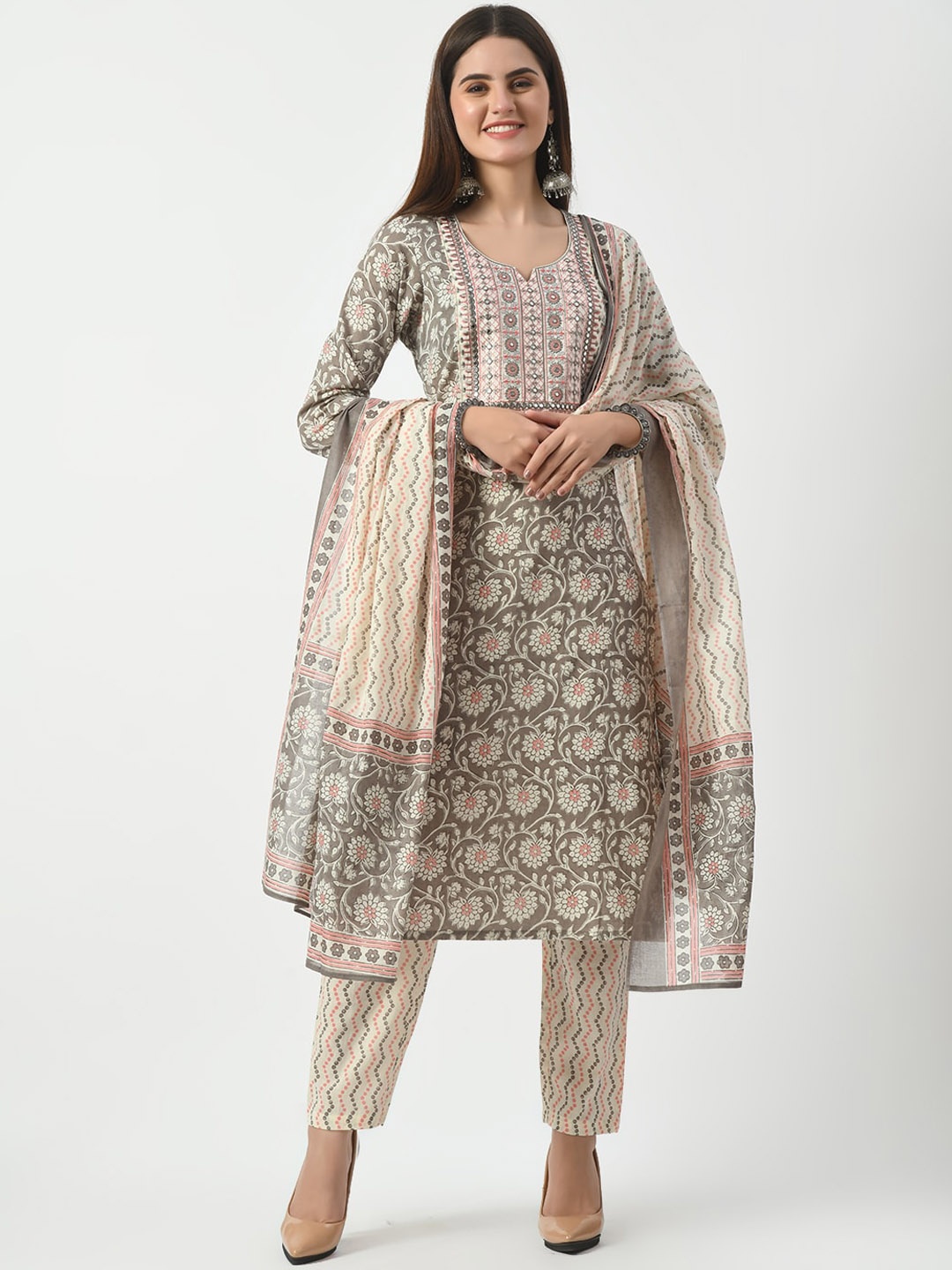 

Akshatani Floral Printed Straight Thread Work Pure Cotton Kurta with Trousers & Dupatta, Grey