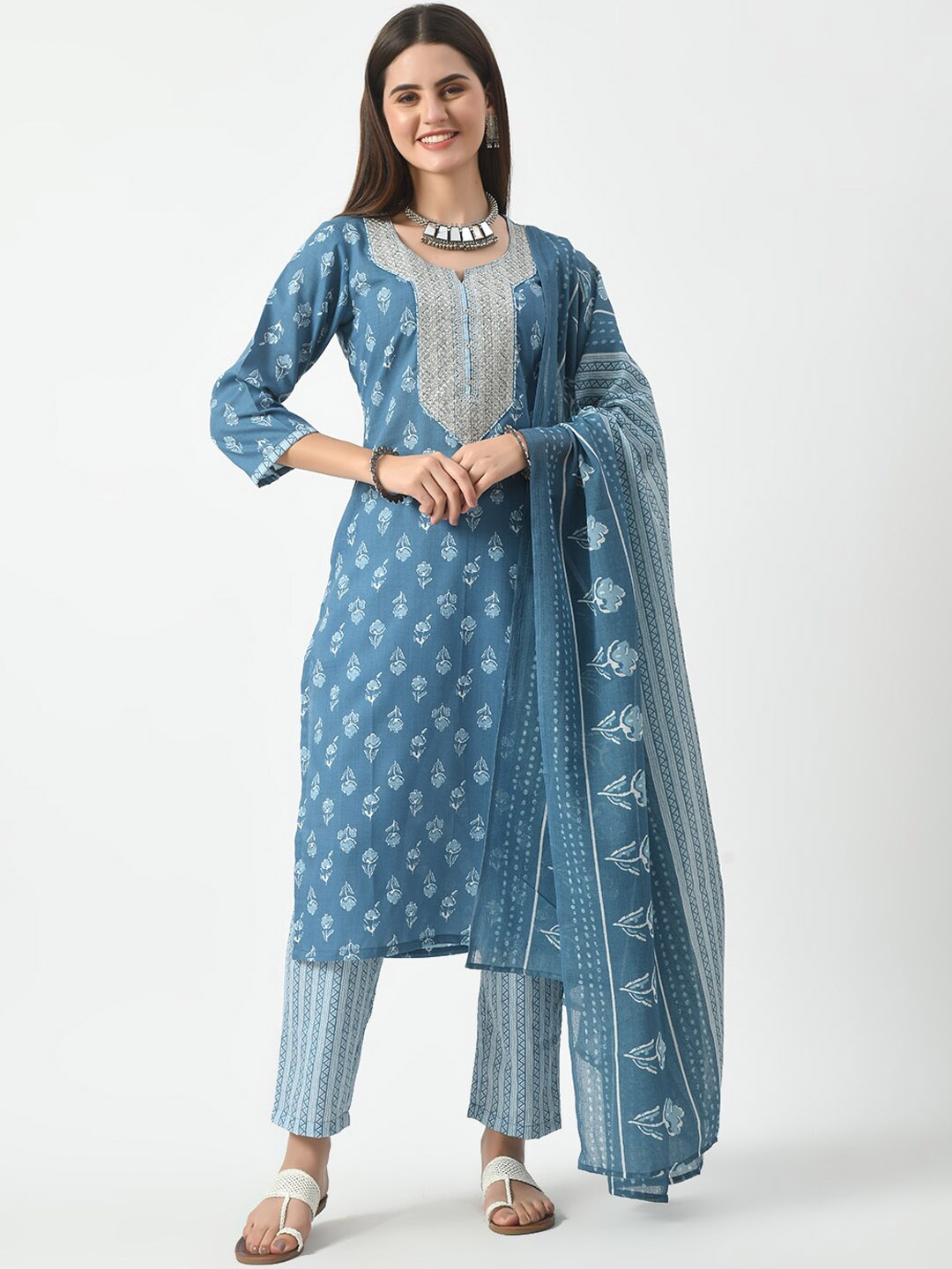

Akshatani Floral Printed Straight Sequined Pure Cotton Kurta with Trousers & Dupatta, Blue
