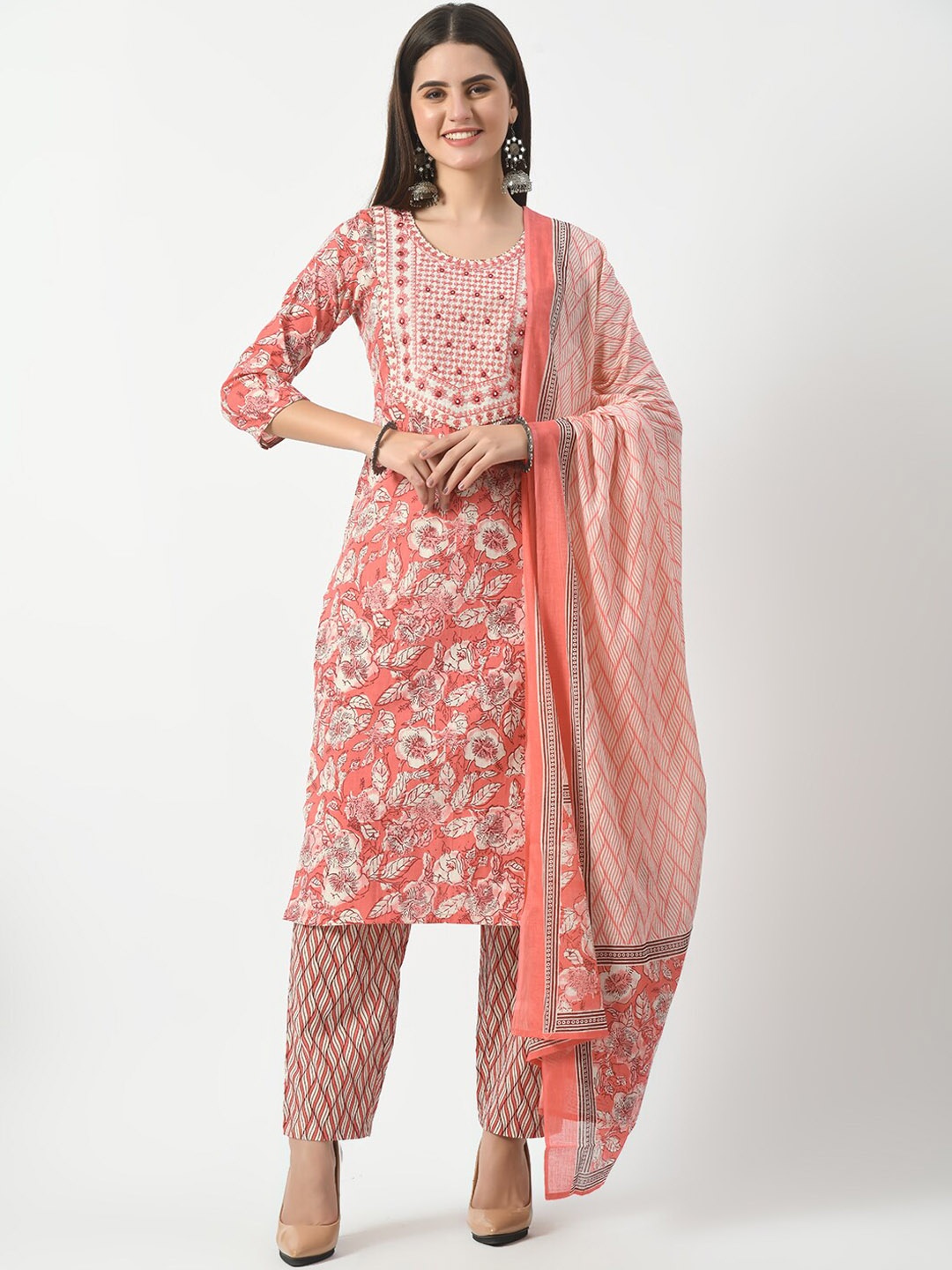 

Akshatani Floral Printed Straight Mirror Work Pure Cotton Kurta with Trousers & Dupatta, Pink