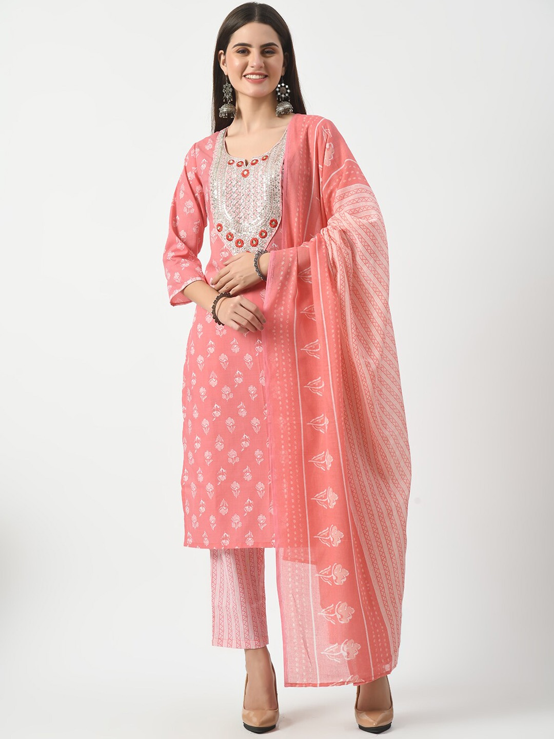 

Akshatani Floral Printed Regular Sequinned Pure Cotton Kurta with Trousers & Dupatta, Pink