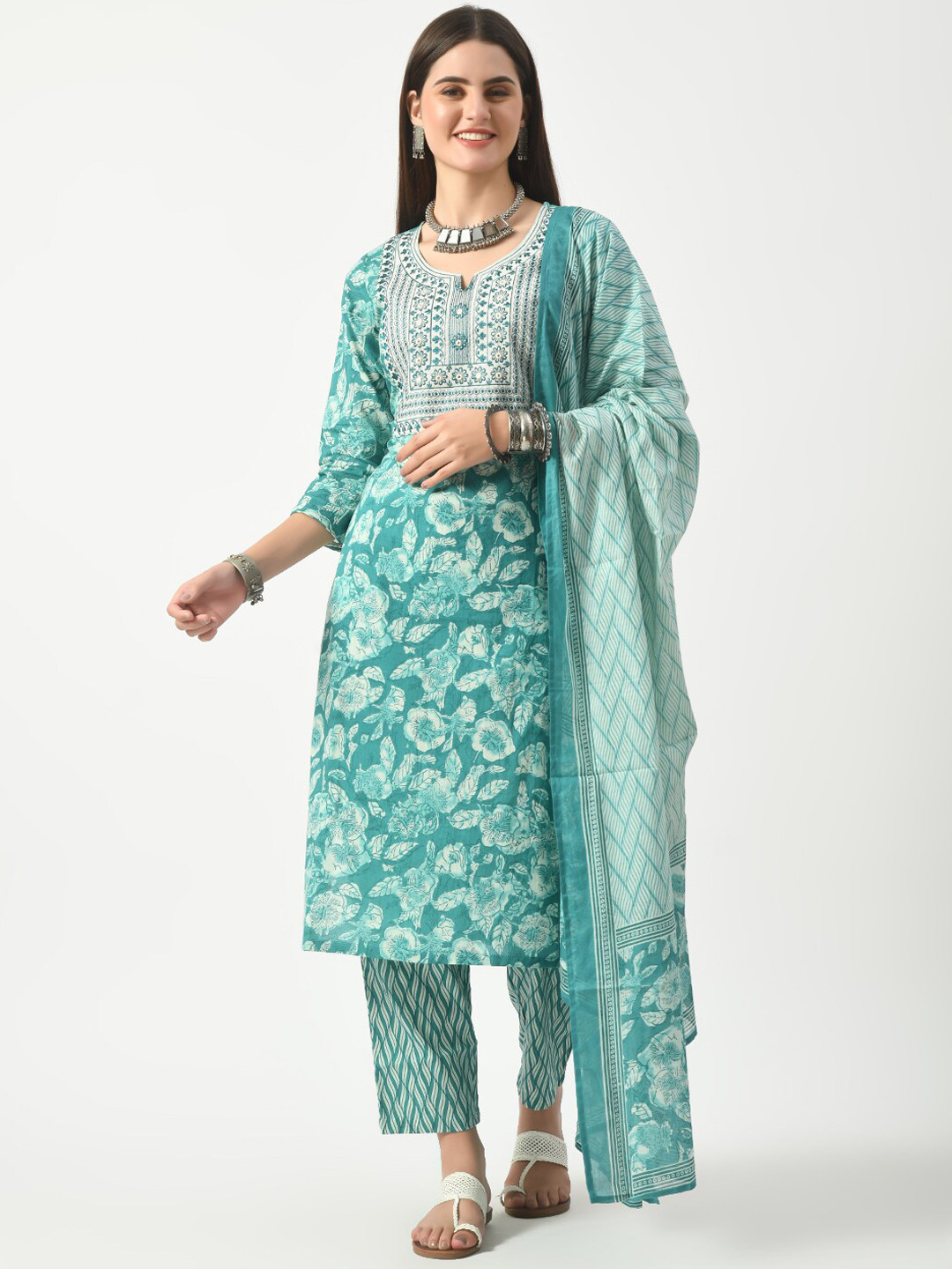 

Akshatani Floral Printed Straight Thread Work Pure Cotton Kurta with Trousers & Dupatta, Blue