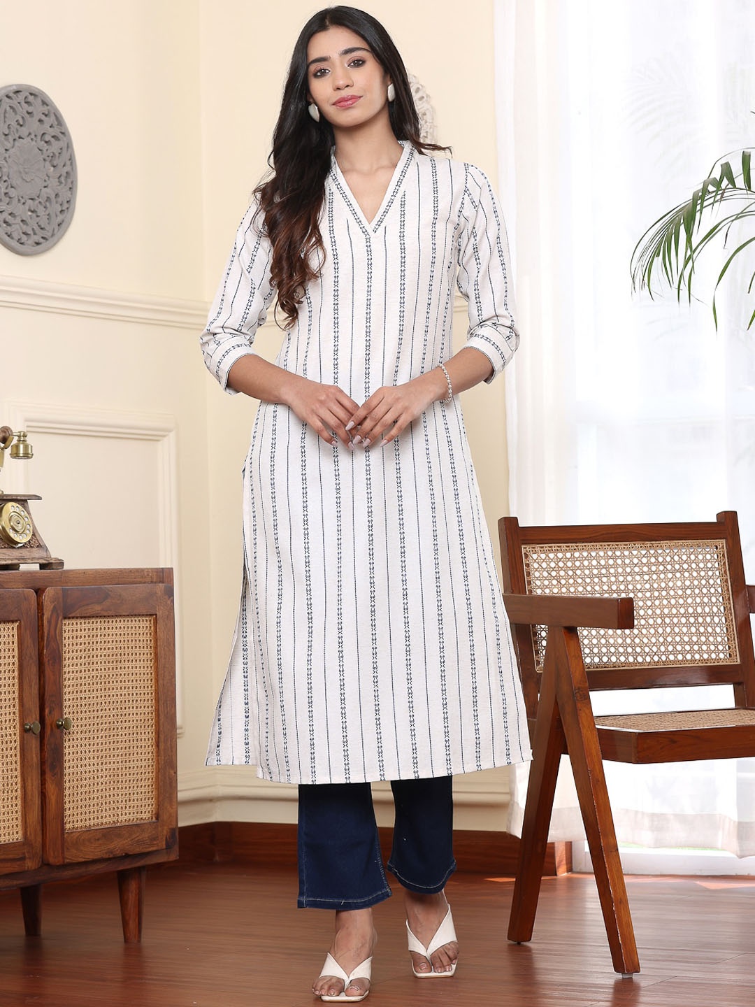 

Haute and Humble Striped Cotton Straight Kurta, White