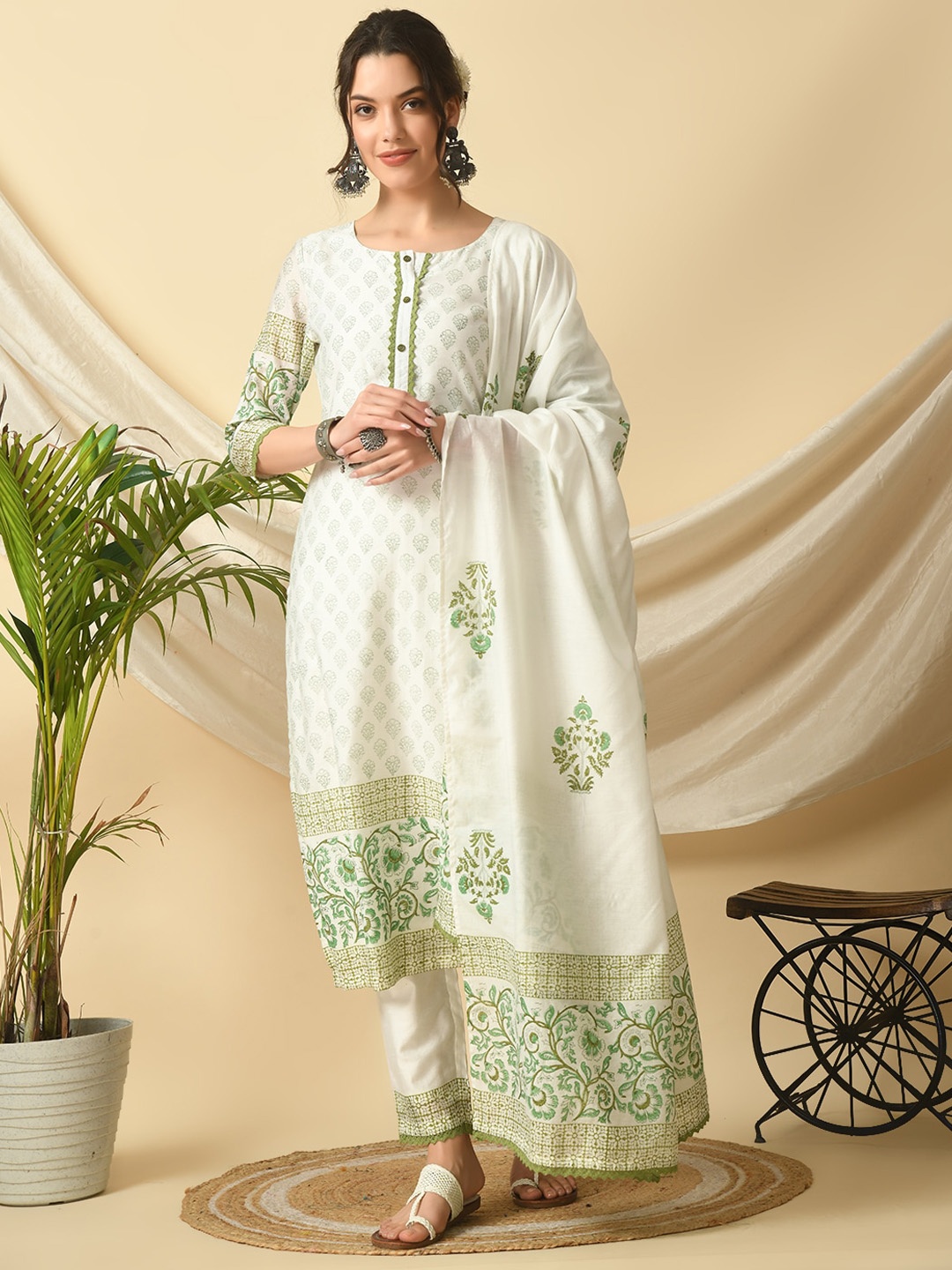 

MEESAN Floral Printed Chanderi Cotton Kurta with Trousers & Dupatta, White