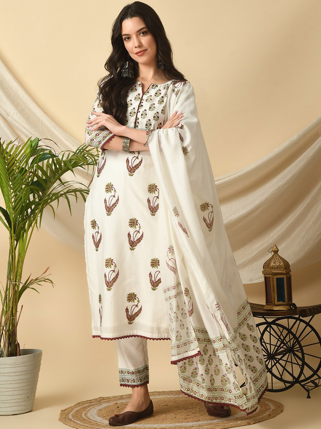 

MEESAN Floral Printed Round Neck Chanderi Cotton Kurta with Trousers & Dupatta, White
