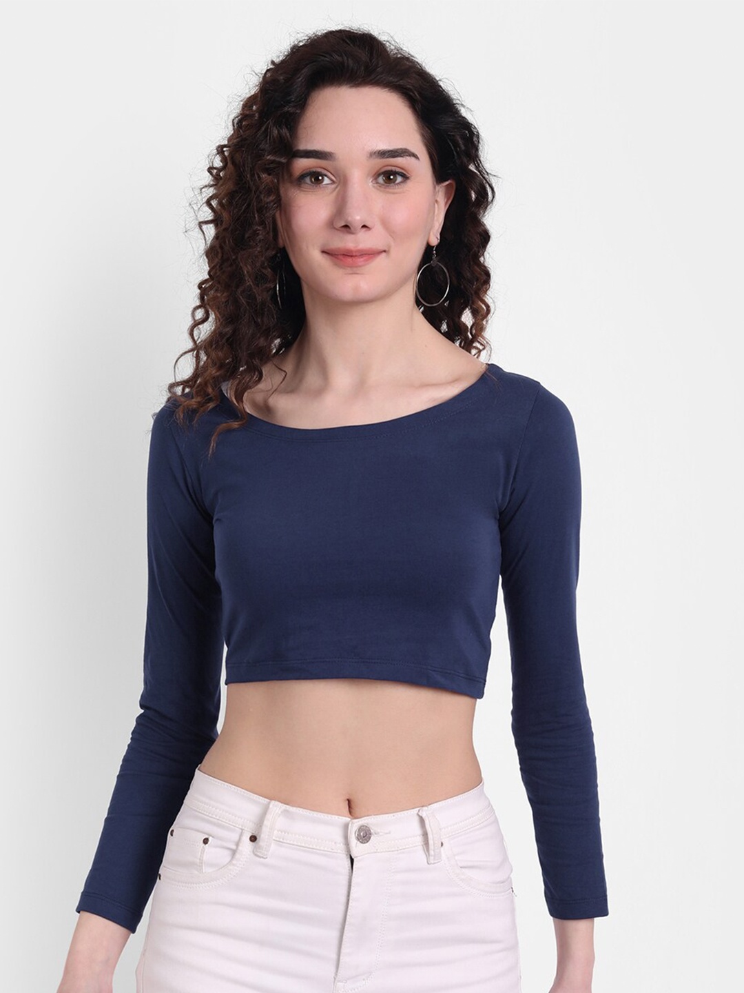 

COLOR CAPITAL Round Neck Long Sleeves Crop Top, Navy blue