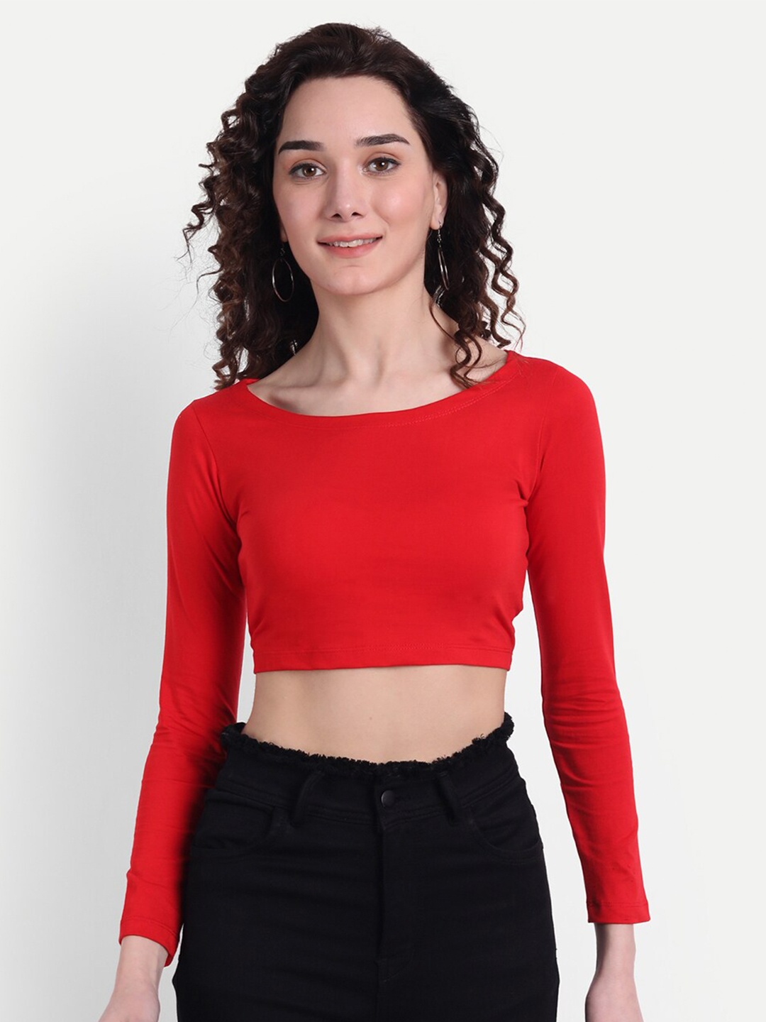 COLOR CAPITAL Round Neck Long Sleeves Crop Top, Red