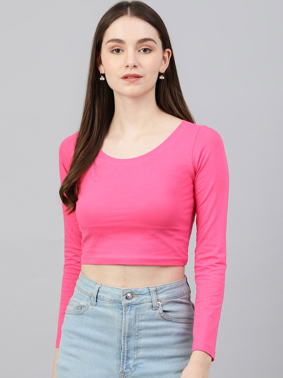 

COLOR CAPITAL Round Neck Long Sleeves Crop Top, Fuchsia