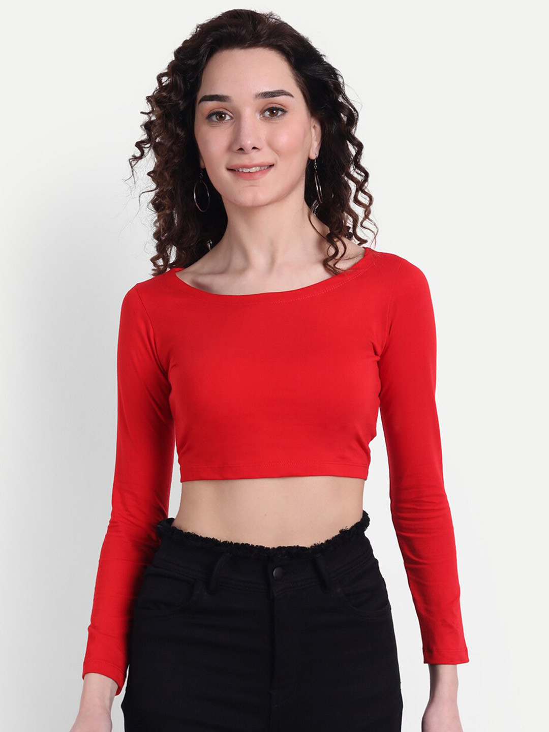 

COLOR CAPITAL Round Neck Long Sleeves Crop Top, Red