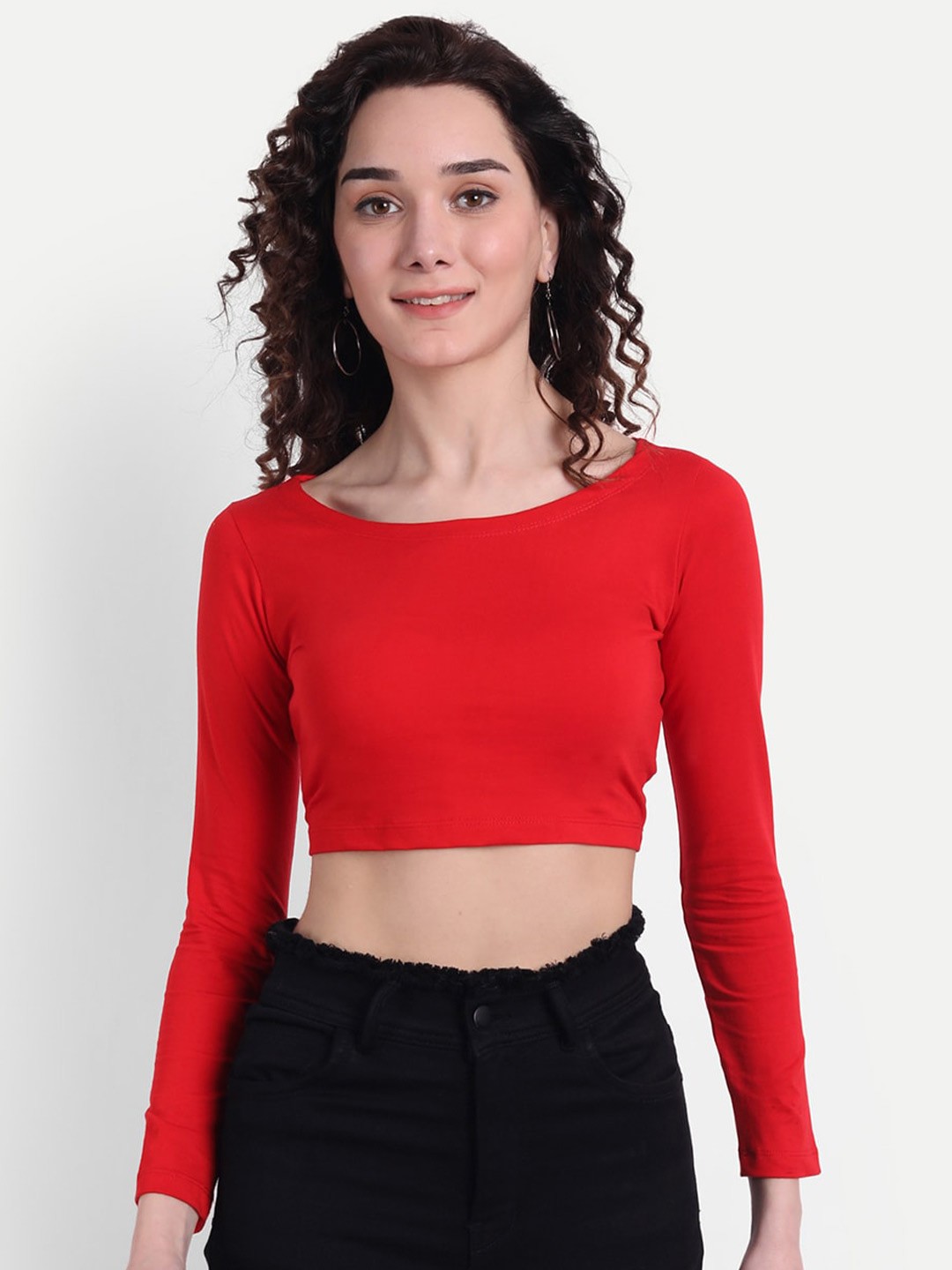 

COLOR CAPITAL Round Neck Long Sleeves Crop Top, Red