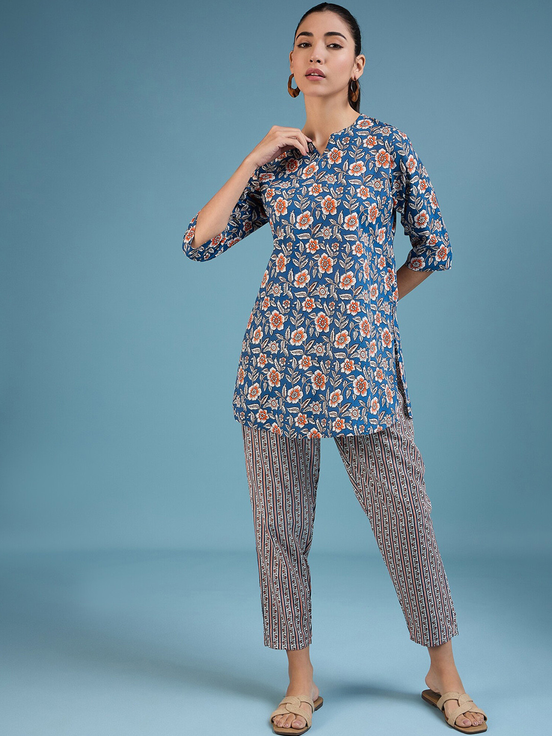 

MAHALASA Printed Cotton Top with Trousers, Blue